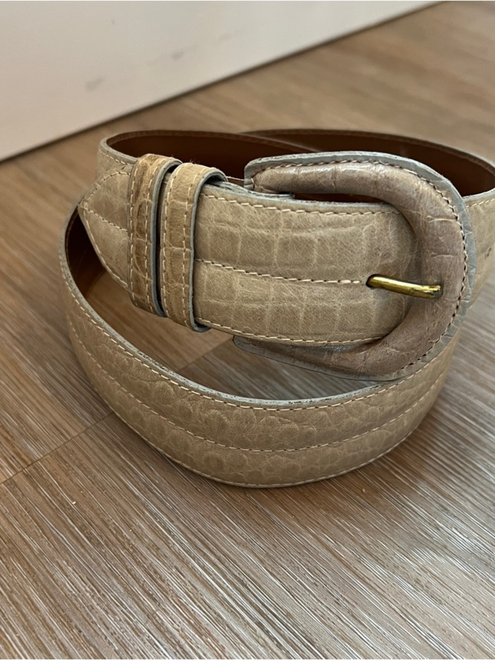 Talbots Beige Croc-Embossed Leather Belt with Covered Buckle medium